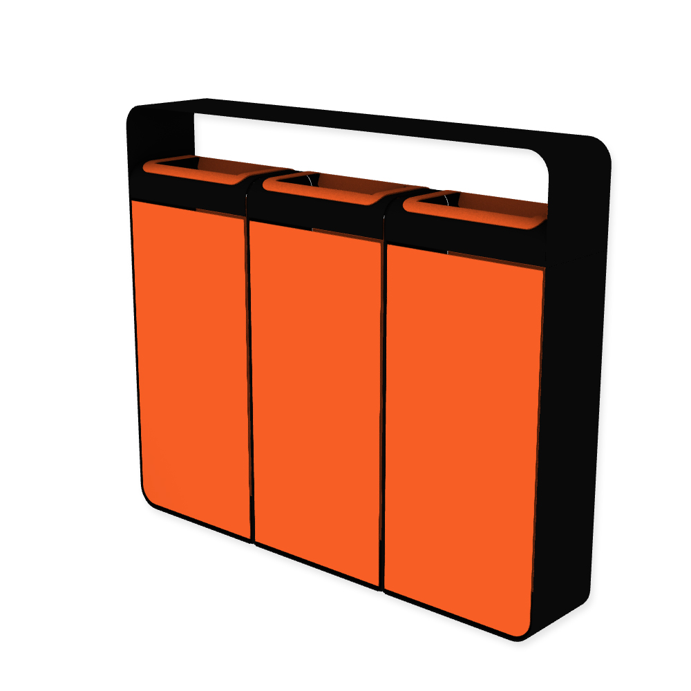 Die Abb. zeigt den EGOÉ Recycling Abfallbehälter I20 mit Dach - 3x45 Liter mit Farbe Rahmen Tiefschwarz (RAL 9005) und Farbe Korpus Hellrotorange (RAL 2008).