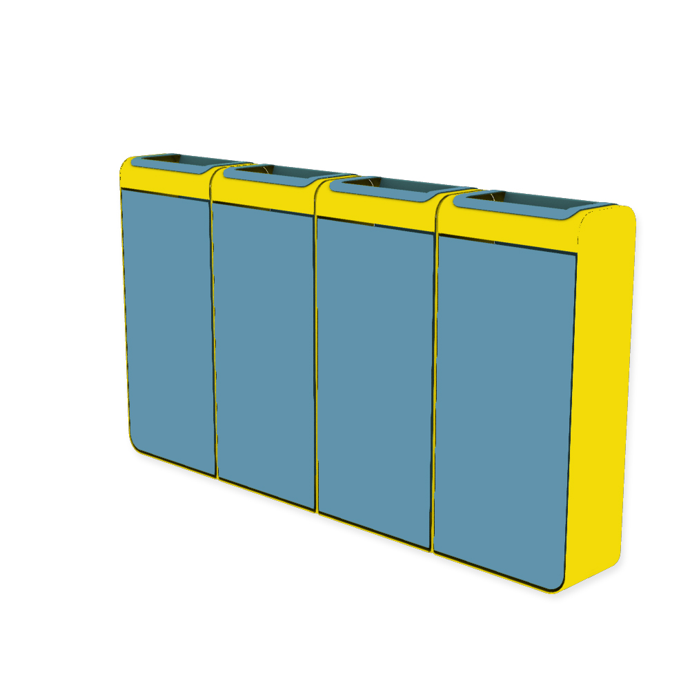 Die Abb. zeigt den EGOÉ Recycling Abfallbehälter I20 - 4x45 Liter mit Farbe Rahmen Rapsgelb (RAL 1021) und Farbe Korpus Pastellblau (RAL 5024).