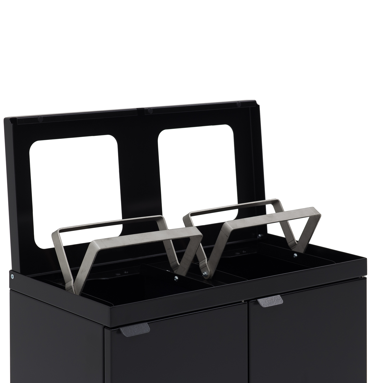 Die Abb. zeigt eine Detailaufnahme des Abfalltrennsystems Herm Dio 2x45 Liter.