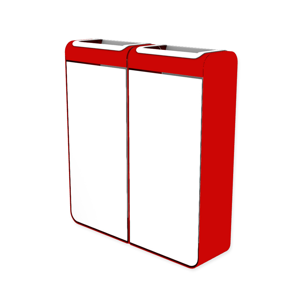Die Abb. zeigt den EGOÉ Recycling Abfallbehälter I20 - 2x45 Liter mit Farbe Rahmen Verkehrsrot (RAL 3020) und Farbe Korpus Reinweiß (RAL 9010).