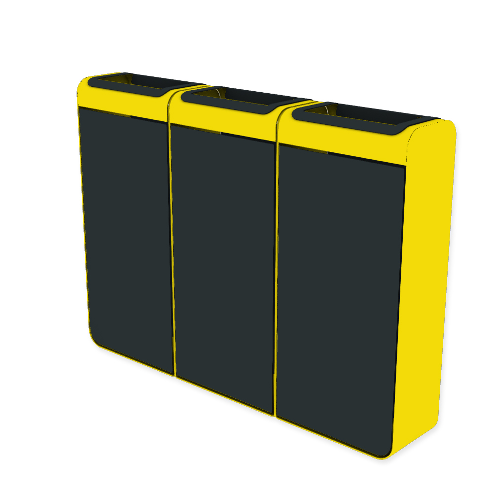 Die Abb. zeigt den EGOÉ Recycling Abfallbehälter I20 - 3x45 Liter mit Farbe Rahmen Rapsgelb (RAL 1021) und Farbe Korpus Anthrazitgrau (RAL 7016).