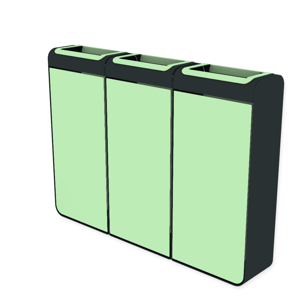 Die Abb. zeigt den EGOÉ Recycling Abfallbehälter I20 - 3x45 Liter mit Farbe Rahmen Anthrazitgrau (RAL 7016) und Farbe Korpus Weißgrün (RAL 6019).