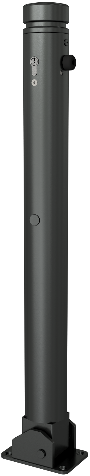 Die Abb. zeigt den Stilpfosten Ø 82 mm mit Flachkopf mit Ziernut zum Aufschrauben ohne Ösen.