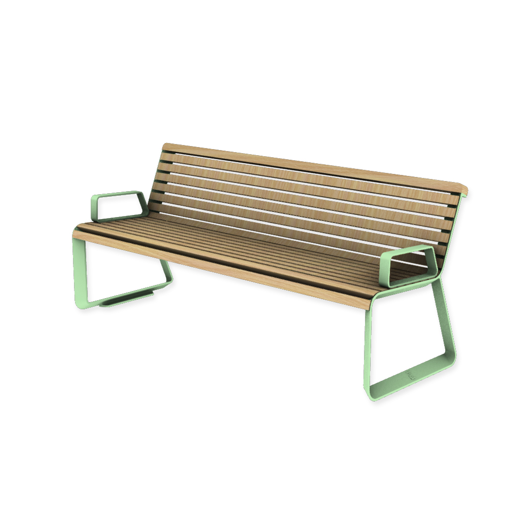 Die Abb. zeigt die EGOÉ Bank I2 profiliertes Aluminiumgestell mit Armlehnen in Weißgrün (RAL 6019) mit Robinie Natur.
