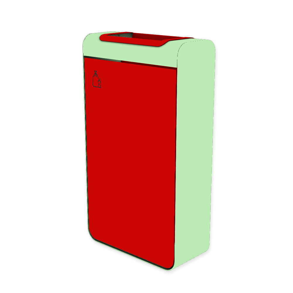 Die Abb. zeigt den EGOÉ Abfallbehälter I20 - 60 Liter mit Piktogramm Restmüll, Farbe Rahmen Weißgrün (RAL 6019) und Farbe Korpus Verkehrsrot (RAL 3020).
