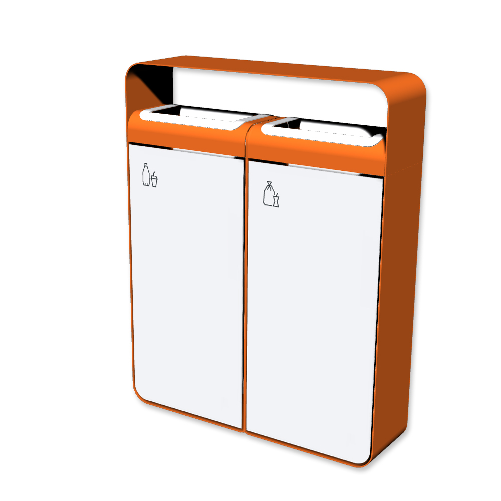 Die Abb. zeigt den Abfallbehälter I20 mit Piktogrammen Kunststoff-Restmüll, Farbe Rahmen Hellrotorange (RAL 2008) und Farbe Korpus Reinweiß (RAL 9010).