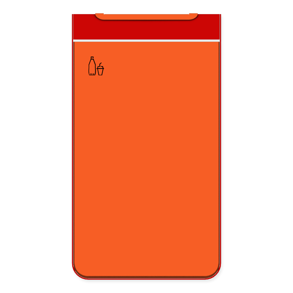 Die Abb. zeigt die Vorderseite des EGOÉ Abfallbehälters I20 - 60 Liter mit Piktogramm Kunststoff, Farbe Rahmen Verkehrsrot (RAL 3020) und Farbe Korpus Hellrotorange (RAL 2008).