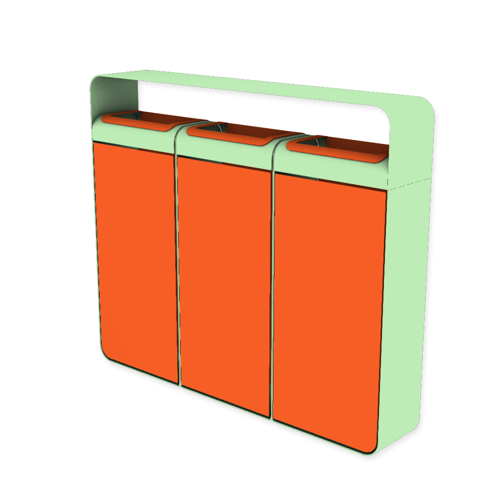 Die Abb. zeigt den EGOÉ Recycling Abfallbehälter I20 mit Dach - 3x45 Liter mit Farbe Rahmen Weißgrün (RAL 6019) und Farbe Korpus Hellrotorange (RAL 2008).