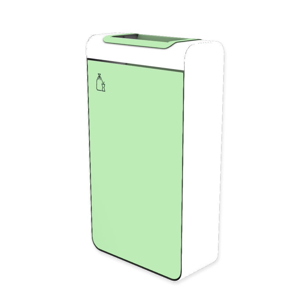 Die Abb. zeigt den EGOÉ Abfallbehälter I20 - 60 Liter mit Piktogramm Restmüll, Farbe Rahmen Reinweiß (RAL 9010) und Farbe Korpus Weißgrün (RAL 6019).