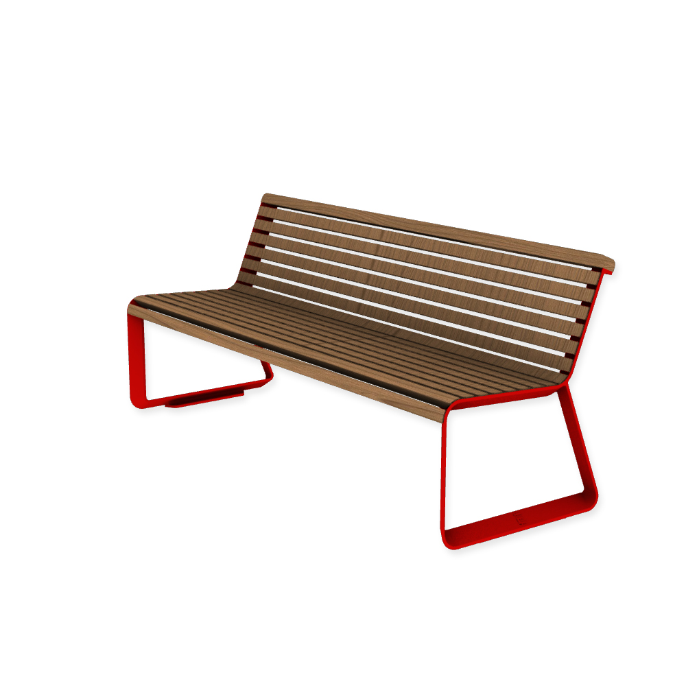 Die Abb. zeigt die EGOÉ Bank I2 profiliertes Aluminiumgestell in Verkehrsrot (RAL 3020) mit Jatoba Natur.