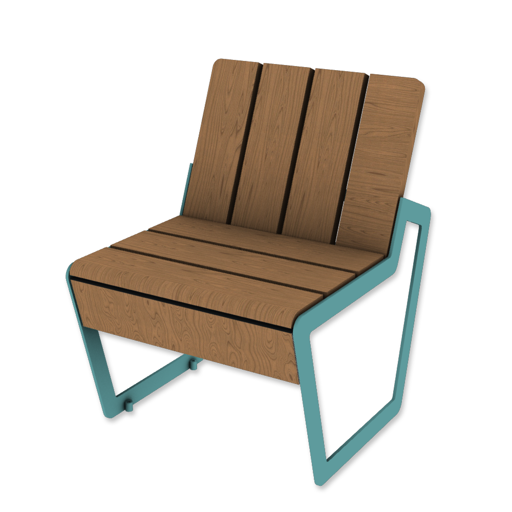 Die Abb. zeigt den Stuhl A5 aus Holz und Stahl, in Pastellblau (RAL 5024) mit Jatoba Natur.