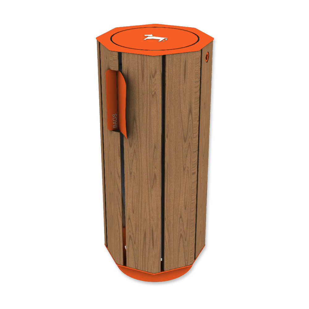 Die Abb. zeigt den Abfallbehälter A20 aus Holz mit Hundekotbeutelspender, in Hellrotorange (RAL 2008) mit Jatoba geölt.