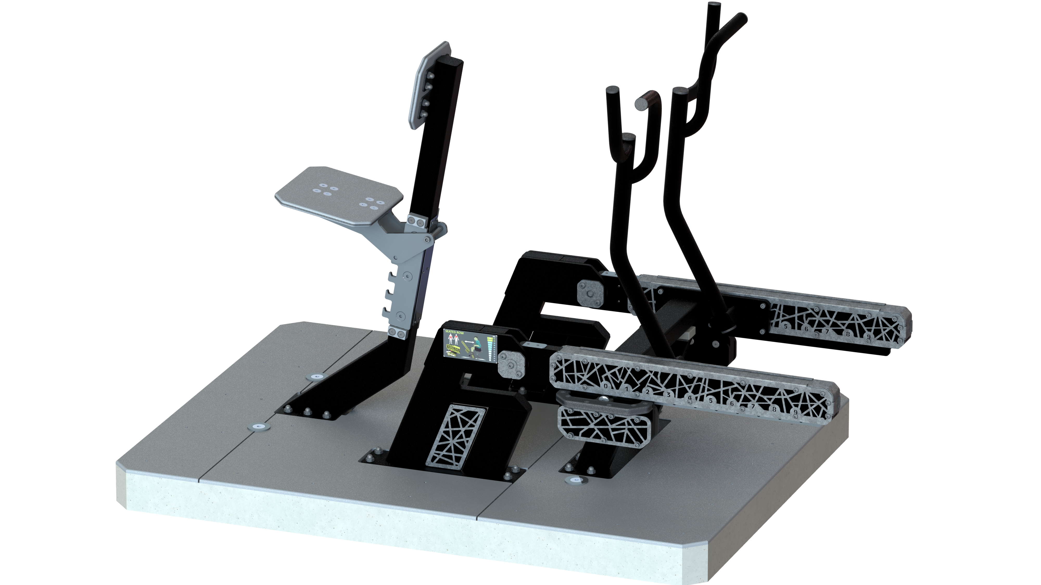 Die Abb. zeigt die Rudermaschine des Alpha Steel Sets mit Bodenplatten.