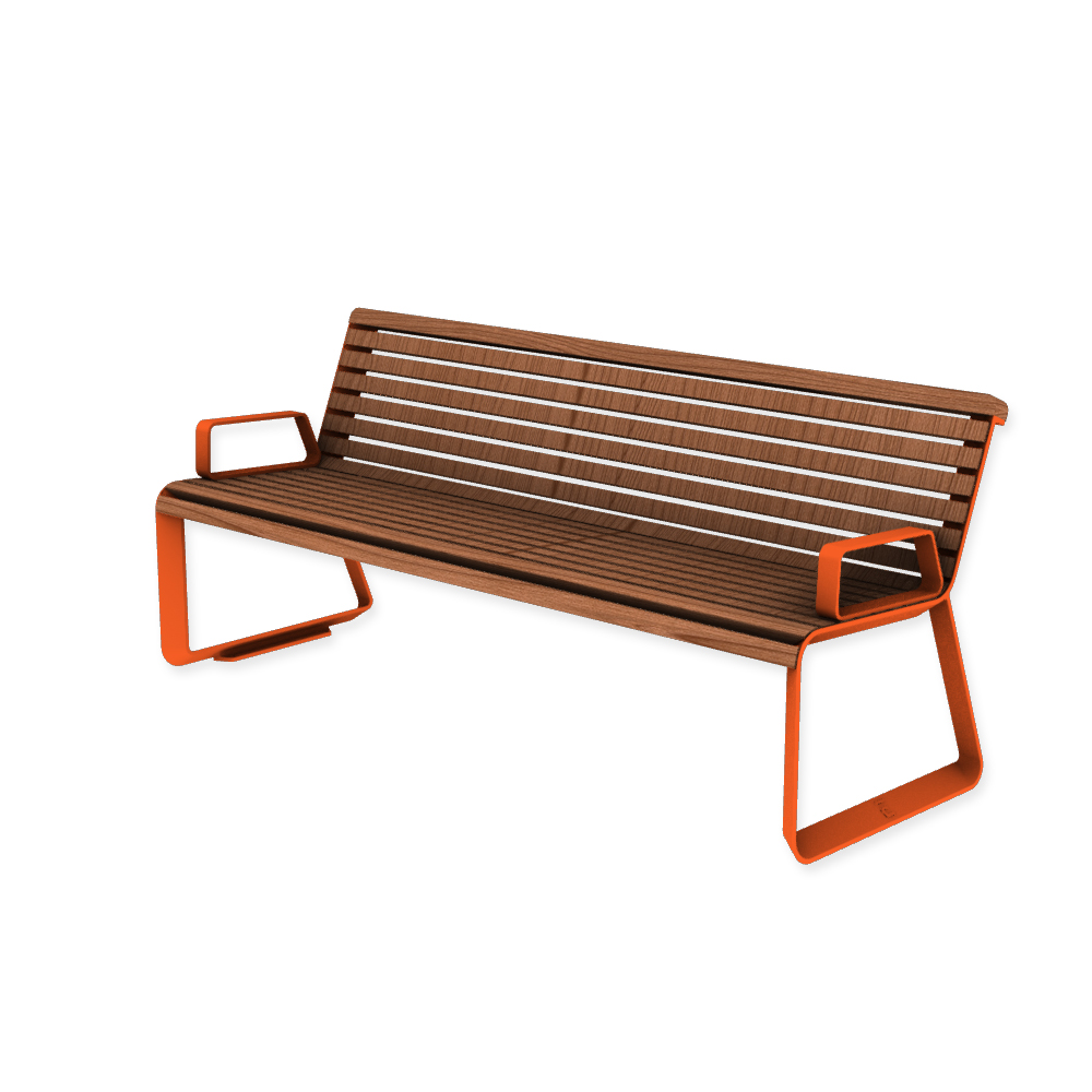 Die Abb. zeigt die EGOÉ Bank I2 profiliertes Aluminiumgestell mit Armlehnen in Hellrotorange (RAL 2008) mit Jatoba geölt.