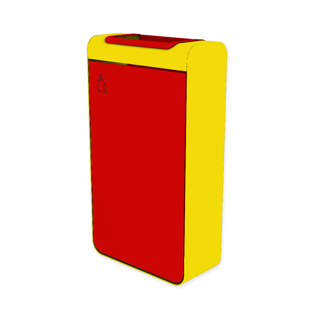 Die Abb. zeigt den EGOÉ Abfallbehälter I20 - 60 Liter mit Piktogramm Restmüll, Farbe Rahmen Rapsgelb (RAL 1021) und Farbe Korpus Verkehrsrot (RAL 3020).