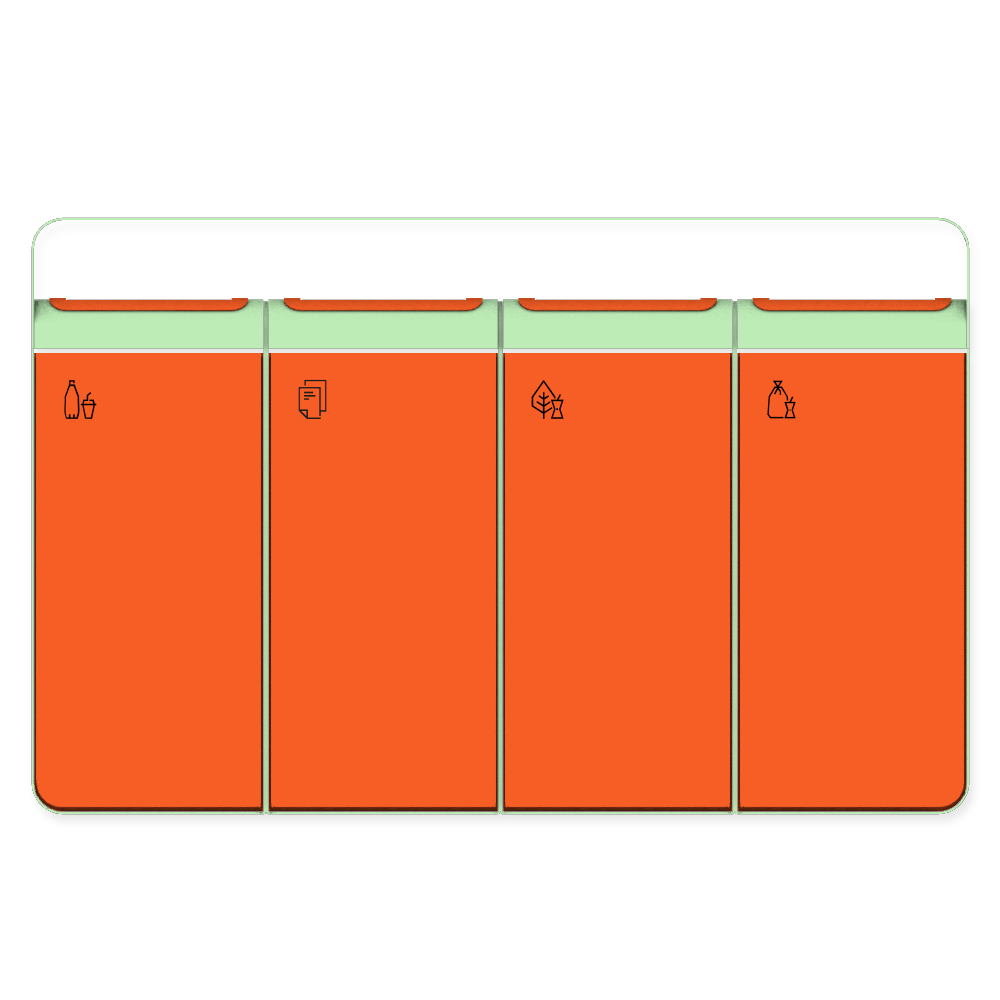 Die Abb. zeigt den EGOÉ Recycling Abfallbehälter I20 mit Piktogrammen, Dach - 4x45 Liter mit Piktogrammen, Farbe Rahmen Weißgrün (RAL 6019) und Farbe Korpus Hellrotorange (RAL 2008).