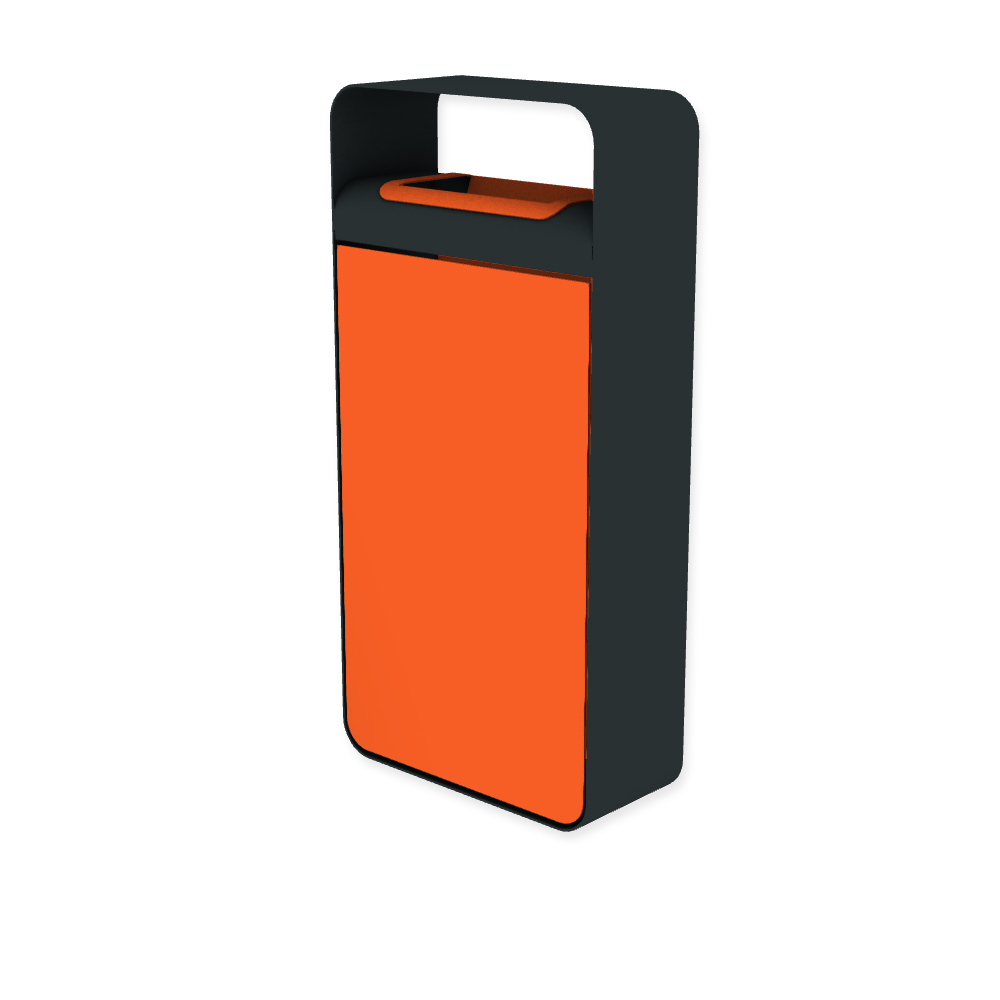 Die Abb. zeigt den EGOÉ Abfallbehälter I20 mit Dach - 60 Liter mit Farbe Rahmen Anthrazitgrau (RAL 7016) und Farbe Korpus Hellrotorange (RAL 2008).