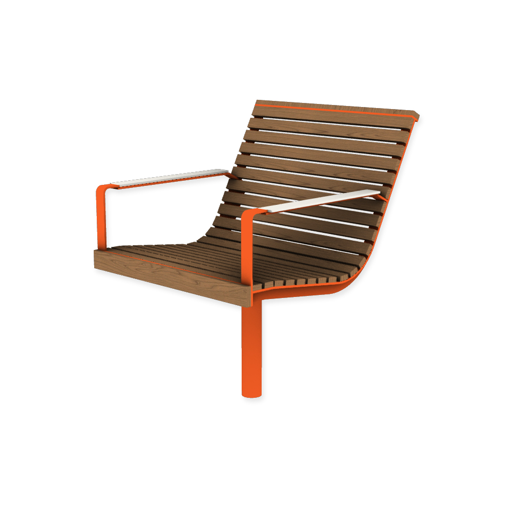 Die Abb. zeigt den EGOÉ Stuhl I1 auf einem Bein zum Einbetonieren in Hellrotorange (RAL 2008) mit HPL-Besatz Armlehnen in Weiß (NT 0085) und Jatoba Natur.