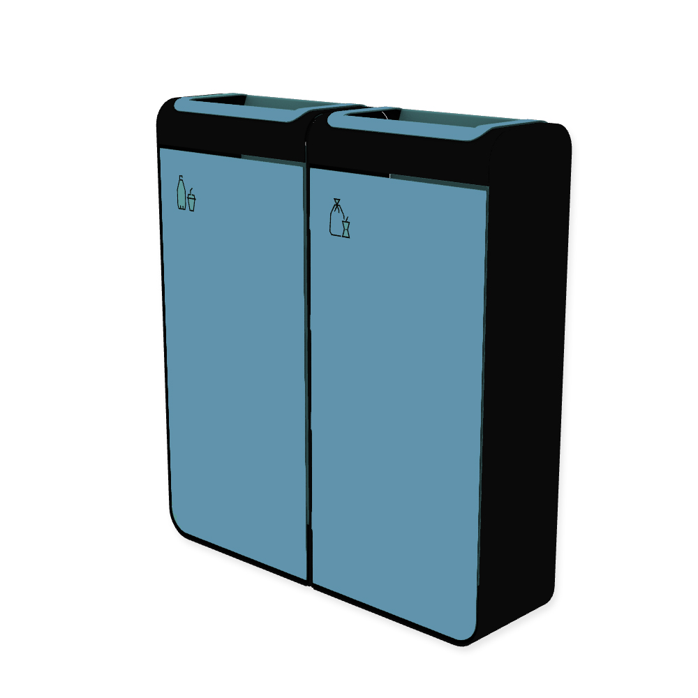 Die Abb. zeigt den EGOÉ Recycling Abfallbehälter I20 - 2x45 Liter mit Piktogrammen Kunststoff-Restmüll,  Farbe Rahmen Tiefschwarz (RAL 9005) und Farbe Korpus Pastellblau (RAL 5024).