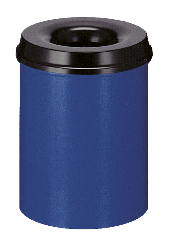 Die Abb. zeigt den selbstlöschenden Papierkorb 15 Liter in Blau-Schwarz.
