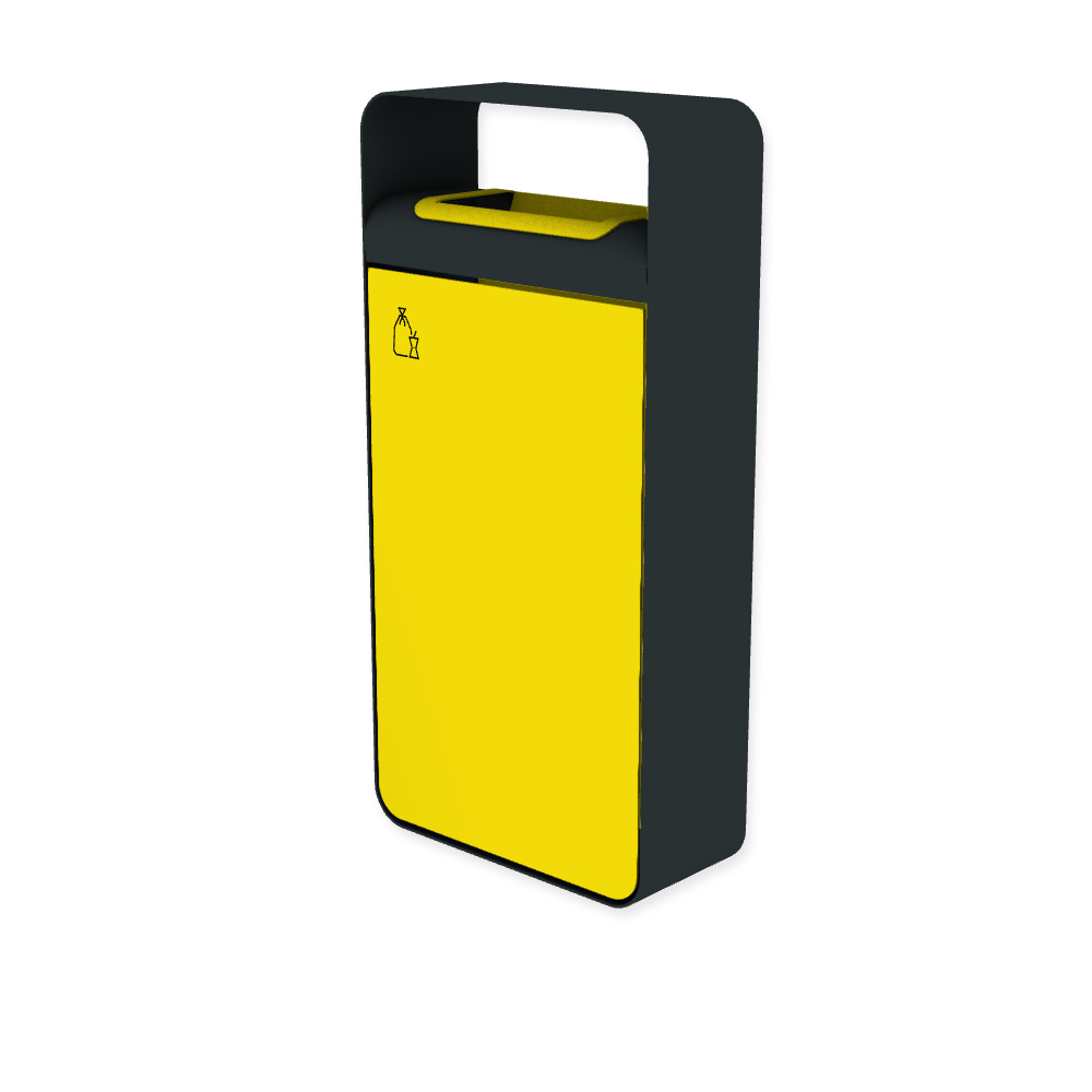 Die Abb. zeigt den EGOÉ Abfallbehälter I20 mit Piktogramm Restmüll, Dach - 60 Liter mit Piktogramm Restmüll, Farbe Rahmen Anthrazitgrau (RAL 7016) und Farbe Korpus Rapsgelb (RAL 1021).