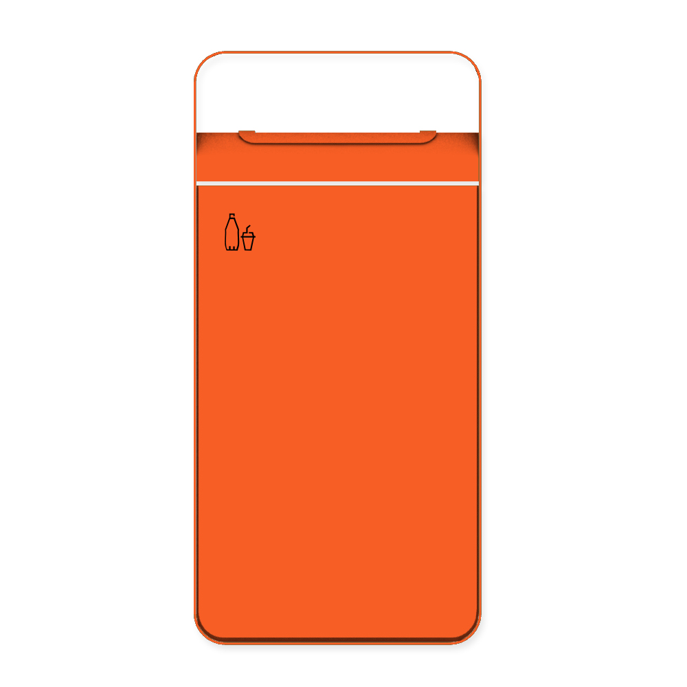 Die Abb. zeigt die Vorderseite des EGOÉ Abfallbehälters I20 mit Piktogramm Kunststoff, Dach - 60 Liter mit Piktogramm Kunststoff, Farbe Rahmen Hellrotorange (RAL 2008) und Farbe Korpus Hellrotorange (RAL 2008).