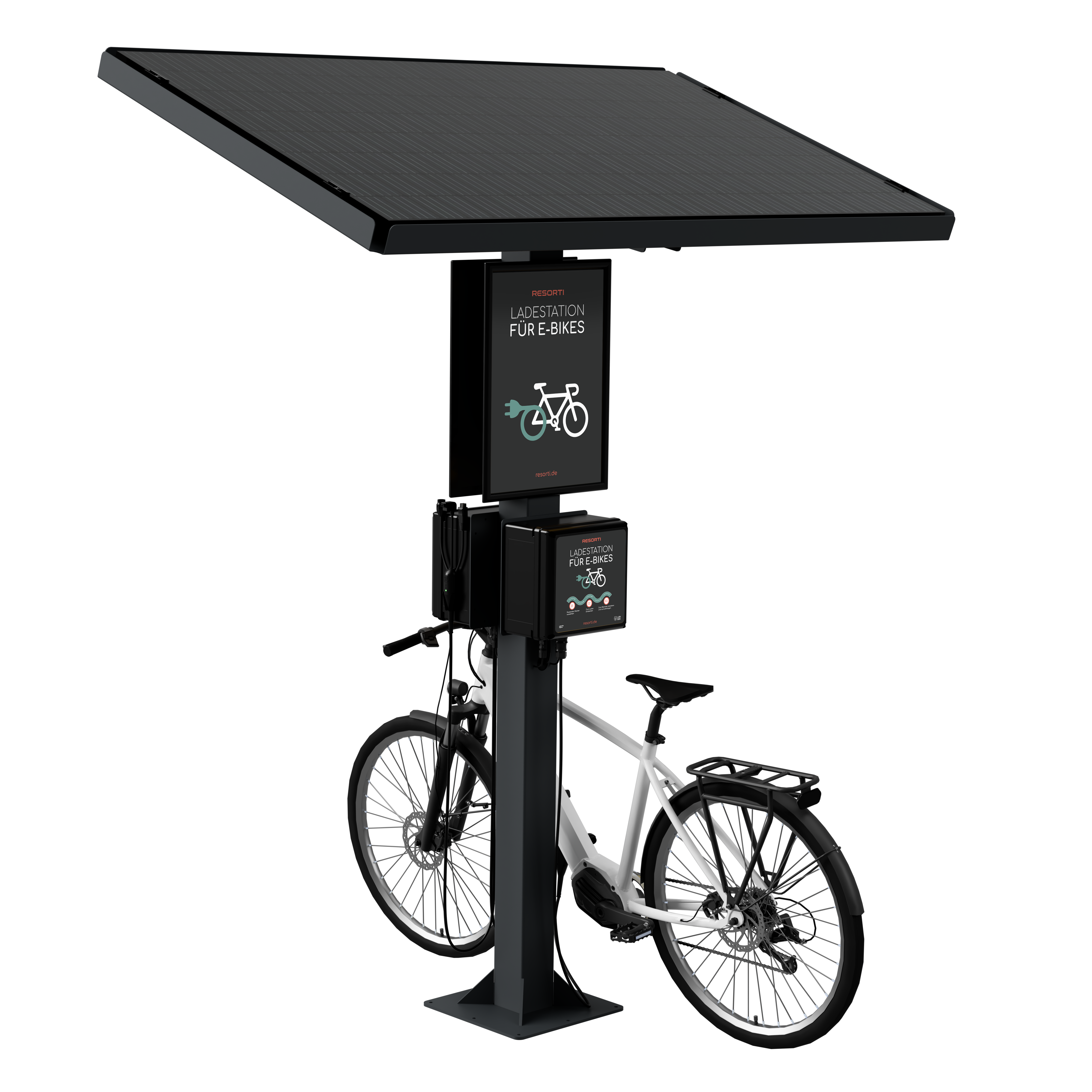 Die Abb. zeigt die RESORTI Stand Solar-E-Bike-Ladestation mit Werbetafel (Seitenansicht, Bike nicht im Lieferumfang).