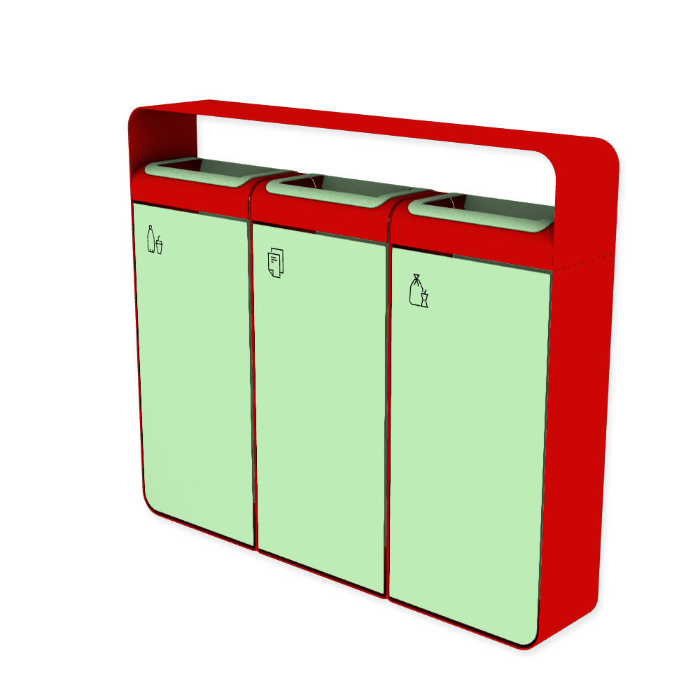Die Abb. zeigt den EGOÉ Recycling Abfallbehälter I20 mit Piktogrammen,  Dach - 3x45 Liter mit Piktogrammen,  Farbe Rahmen Verkehrsrot (RAL 3020) und Farbe Korpus Weißgrün (RAL 6019).