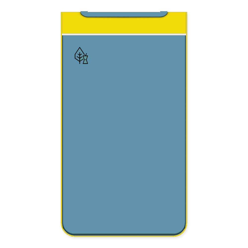 Die Abb. zeigt die Vorderseite des EGOÉ Abfallbehälters I20 - 60 Liter mit Piktogramm Biomüll, Farbe Rahmen Rapsgelb (RAL 1021) und Farbe Korpus Pastellblau (RAL 5024).