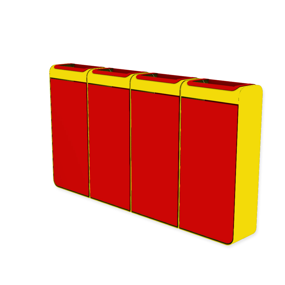 Die Abb. zeigt den EGOÉ Recycling Abfallbehälter I20 - 4x45 Liter mit Farbe Rahmen Rapsgelb (RAL 1021) und Farbe Korpus Verkehrsrot (RAL 3020).