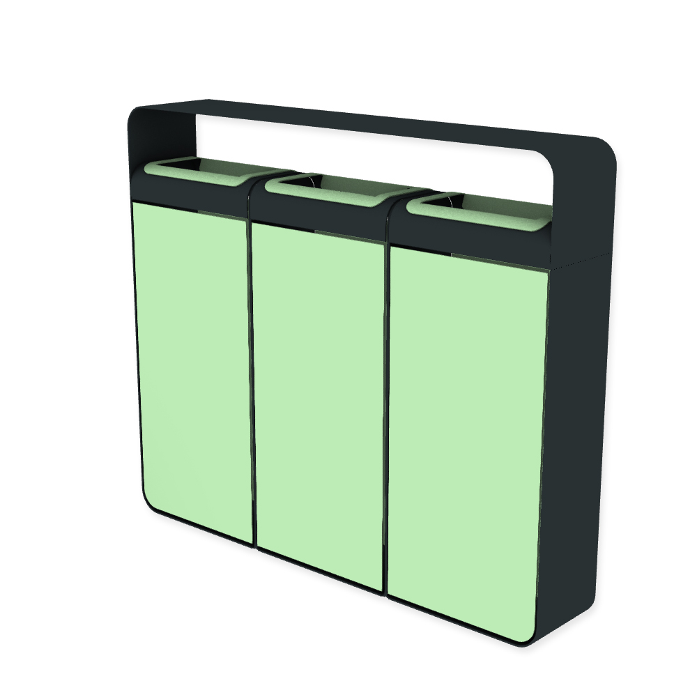 Die Abb. zeigt den EGOÉ Recycling Abfallbehälter I20 mit Dach - 3x45 Liter mit Farbe Rahmen Anthrazitgrau (RAL 7016) und Farbe Korpus Weißgrün (RAL 6019).