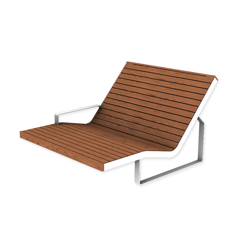 Die Abb. zeigt den EGOÉ Doppel-Liegestuhl I1 mit Armlehne rechts (aus liegender Position) in Reinweiß (RAL 9010) mit Jatoba geölt.