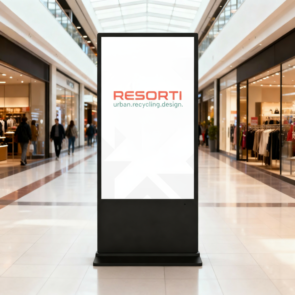 Die Abb. zeigt das doppelseitige Indoor LCD Digital Signage zum Aufstellen - 65 Zoll (Bild KI-generiert).