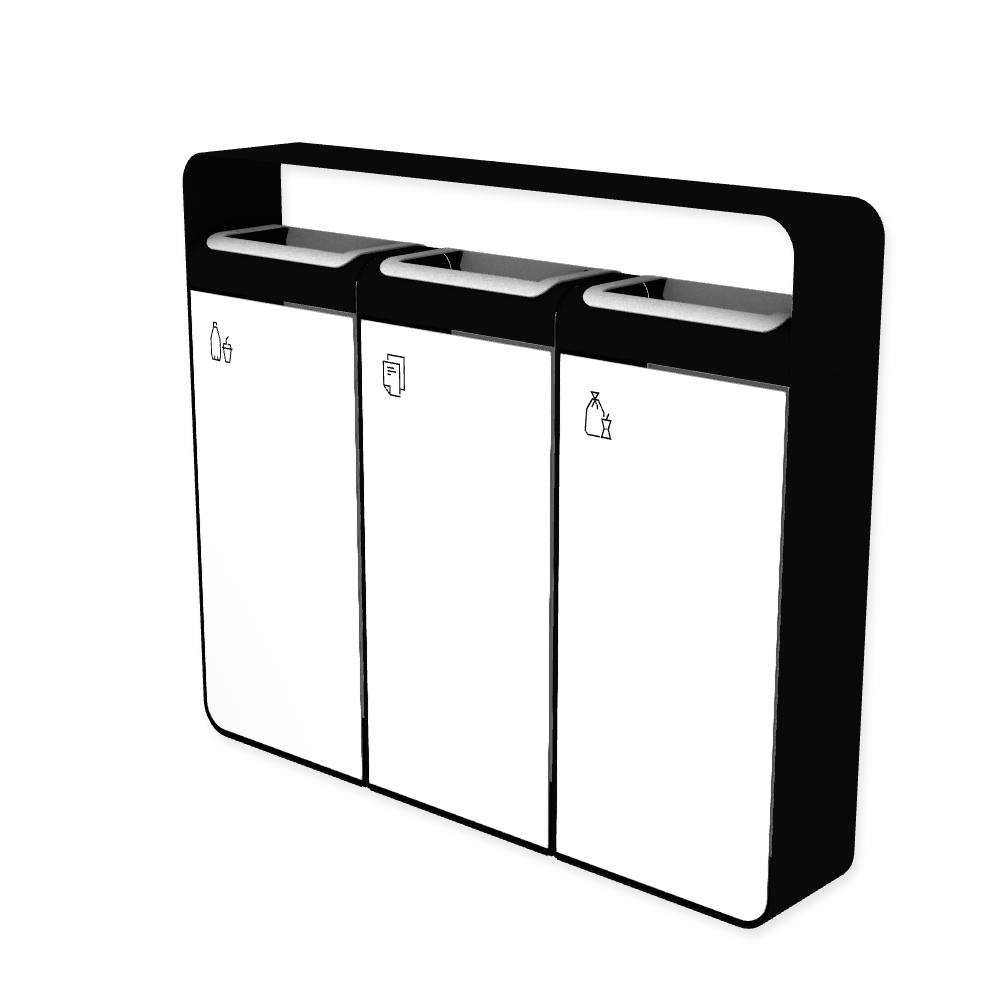 Die Abb. zeigt den EGOÉ Recycling Abfallbehälter I20 mit Piktogrammen,  Dach - 3x45 Liter mit Piktogrammen,  Farbe Rahmen Tiefschwarz (RAL 9005) und Farbe Korpus Reinweiß (RAL 9010).