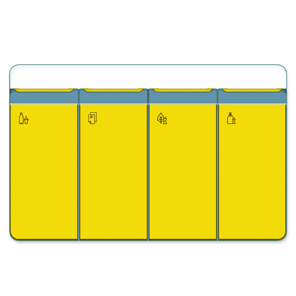 Die Abb. zeigt den EGOÉ Recycling Abfallbehälter I20 mit Piktogrammen, Dach - 4x45 Liter mit Piktogrammen, Farbe Rahmen Pastellblau (RAL 5024) und Farbe Korpus Rapsgelb (RAL 1021).
