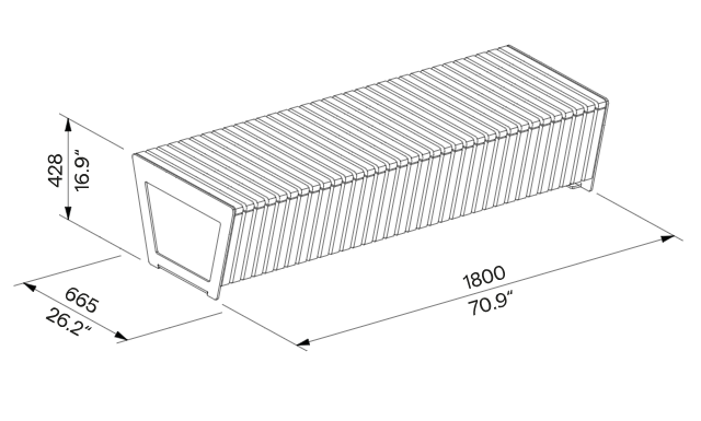 Die Abb. zeigt die technischen Daten der modularen Bank A4 mit Sockelblende offen.