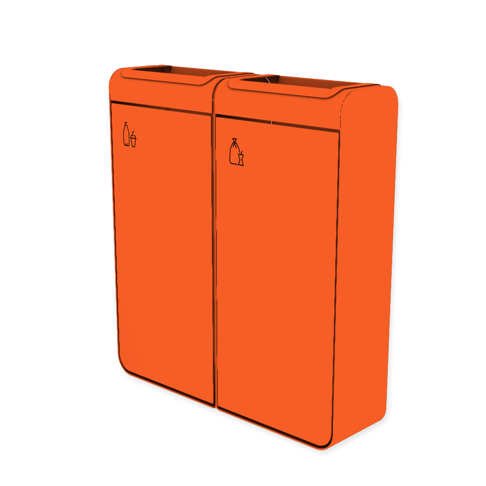 Die Abb. zeigt den EGOÉ Recycling Abfallbehälter I20 - 2x45 Liter mit Piktogrammen Kunststoff-Restmüll,  Farbe Rahmen Hellrotorange (RAL 2008) und Farbe Korpus Hellrotorange (RAL 2008).