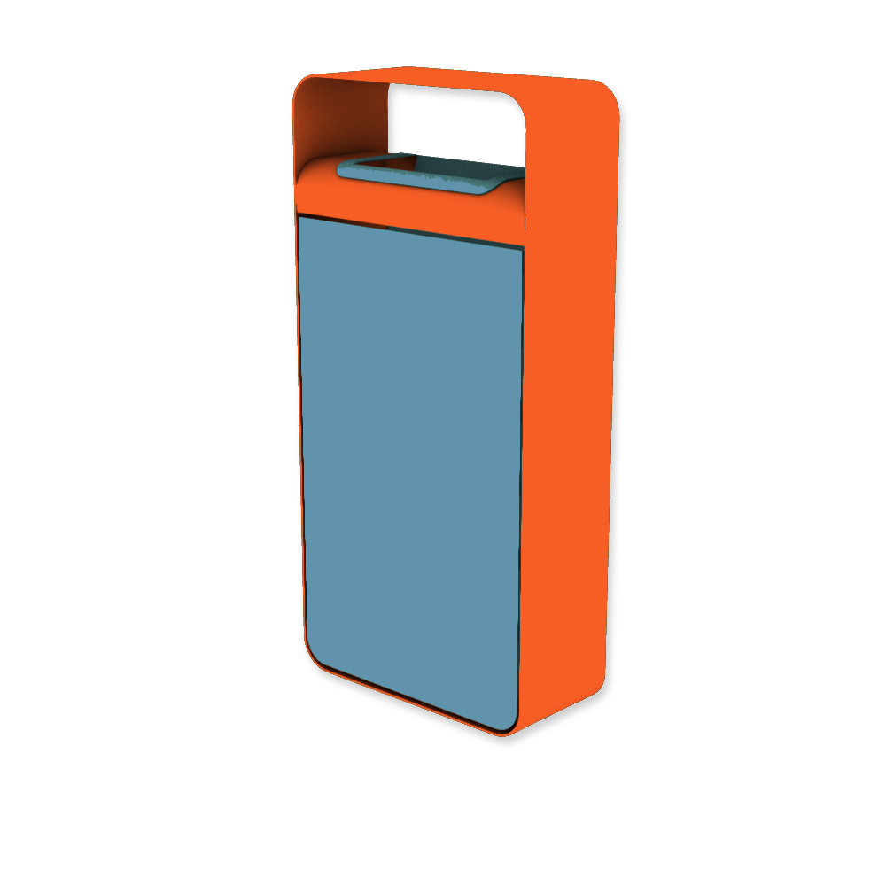 Die Abb. zeigt den EGOÉ Abfallbehälter I20 mit Dach - 60 Liter mit Farbe Rahmen Hellrotorange (RAL 2008) und Farbe Korpus Pastellblau (RAL 5024).
