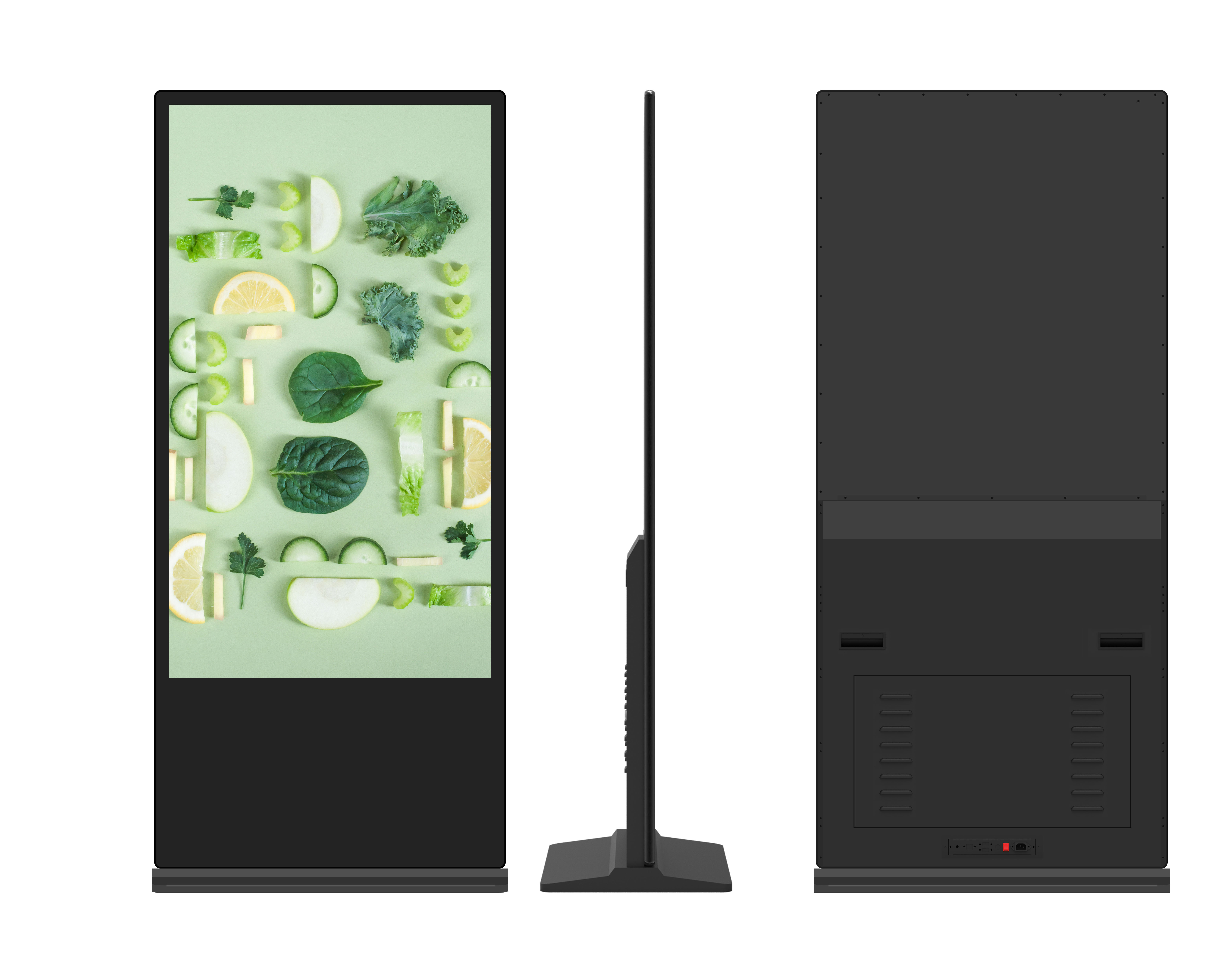 Die Abb. zeigt das Indoor LCD Digital Signage mit schmalem Rahmen zum Aufstellen in Schwarz aus allen Perspektiven (65 Zoll).