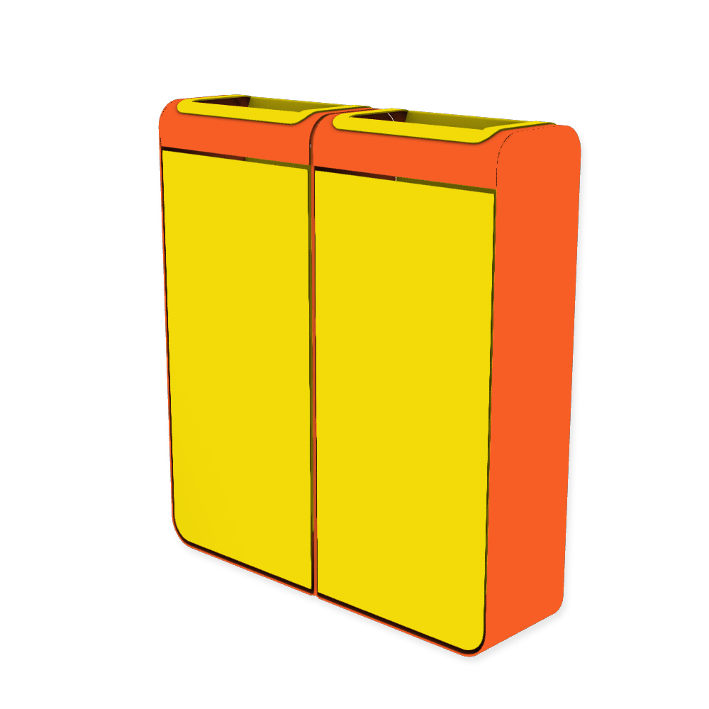 Die Abb. zeigt den EGOÉ Recycling Abfallbehälter I20 - 2x45 Liter mit Farbe Rahmen Hellrotorange (RAL 2008) und Farbe Korpus Rapsgelb (RAL 1021).