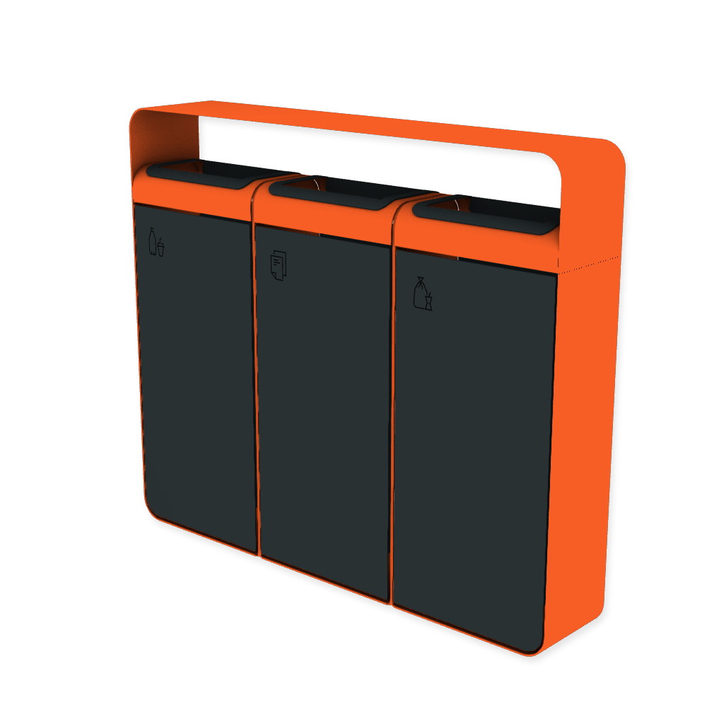 Die Abb. zeigt den EGOÉ Recycling Abfallbehälter I20 mit Piktogrammen,  Dach - 3x45 Liter mit Piktogrammen,  Farbe Rahmen Hellrotorange (RAL 2008) und Farbe Korpus Anthrazitgrau (RAL 7016).