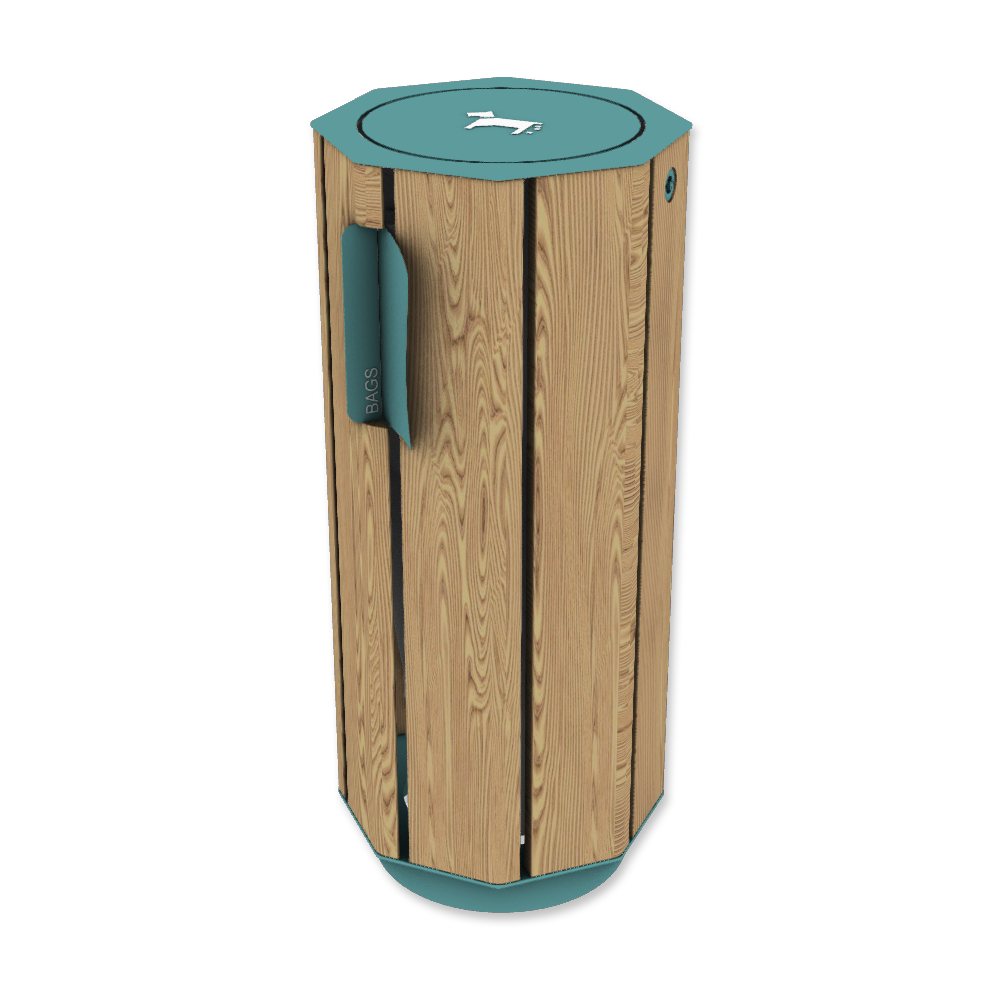 Die Abb. zeigt den Abfallbehälter A20 aus Holz mit Hundekotbeutelspender, in Pastellblau (RAL 5024) mit Thermoesche Natur.