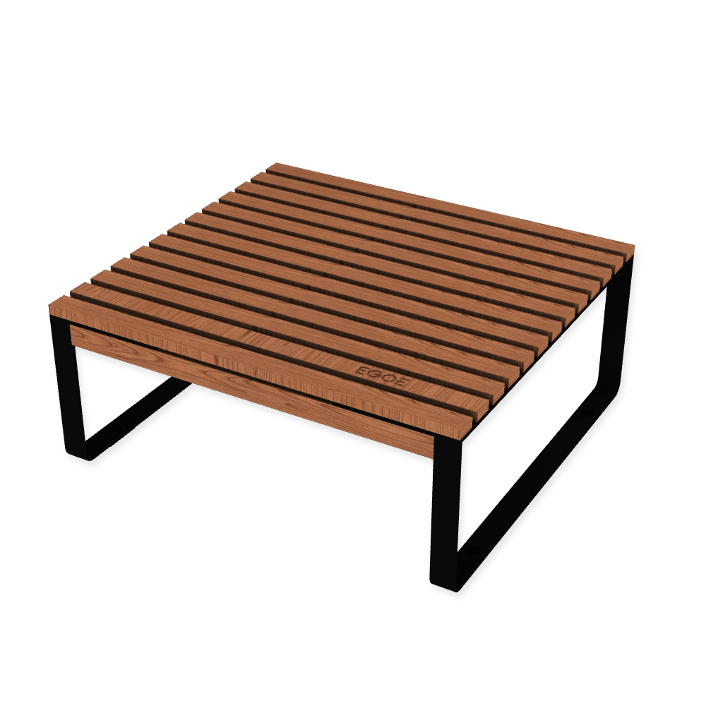 Die Abb. zeigt den EGOÉ Outdoor Lounge-Tisch I1 in Tiefschwarz (RAL 9005) mit Jatoba geölt.
