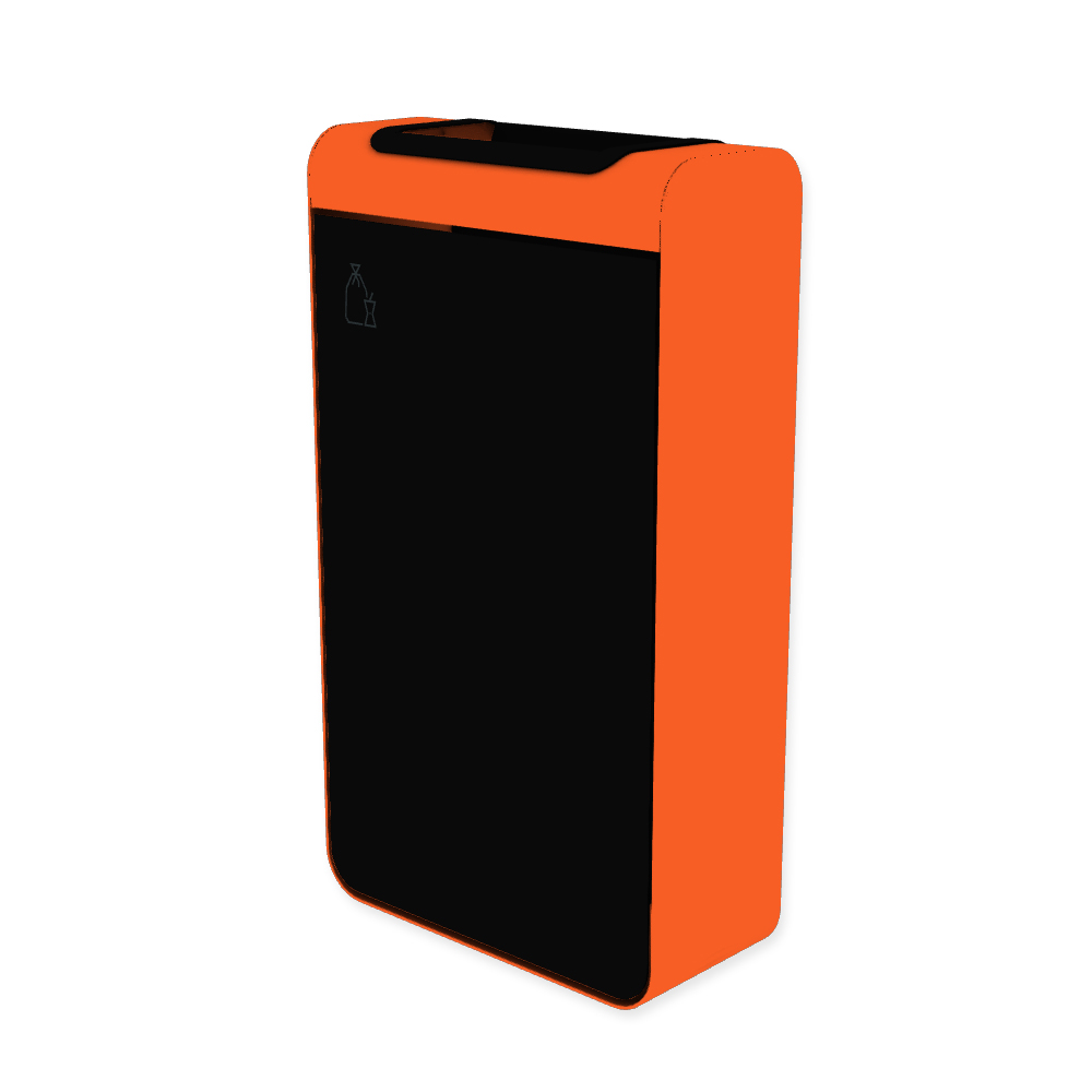 Die Abb. zeigt den EGOÉ Abfallbehälter I20 - 60 Liter mit Piktogramm Restmüll, Farbe Rahmen Hellrotorange (RAL 2008) und Farbe Korpus Tiefschwarz (RAL 9005).