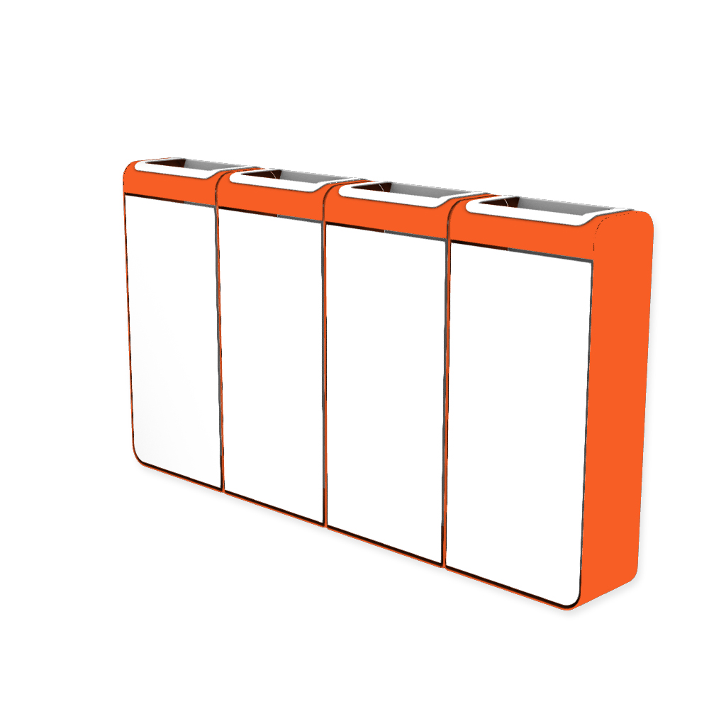 Die Abb. zeigt den EGOÉ Recycling Abfallbehälter I20 - 4x45 Liter mit Farbe Rahmen Hellrotorange (RAL 2008) und Farbe Korpus Reinweiß (RAL 9010).