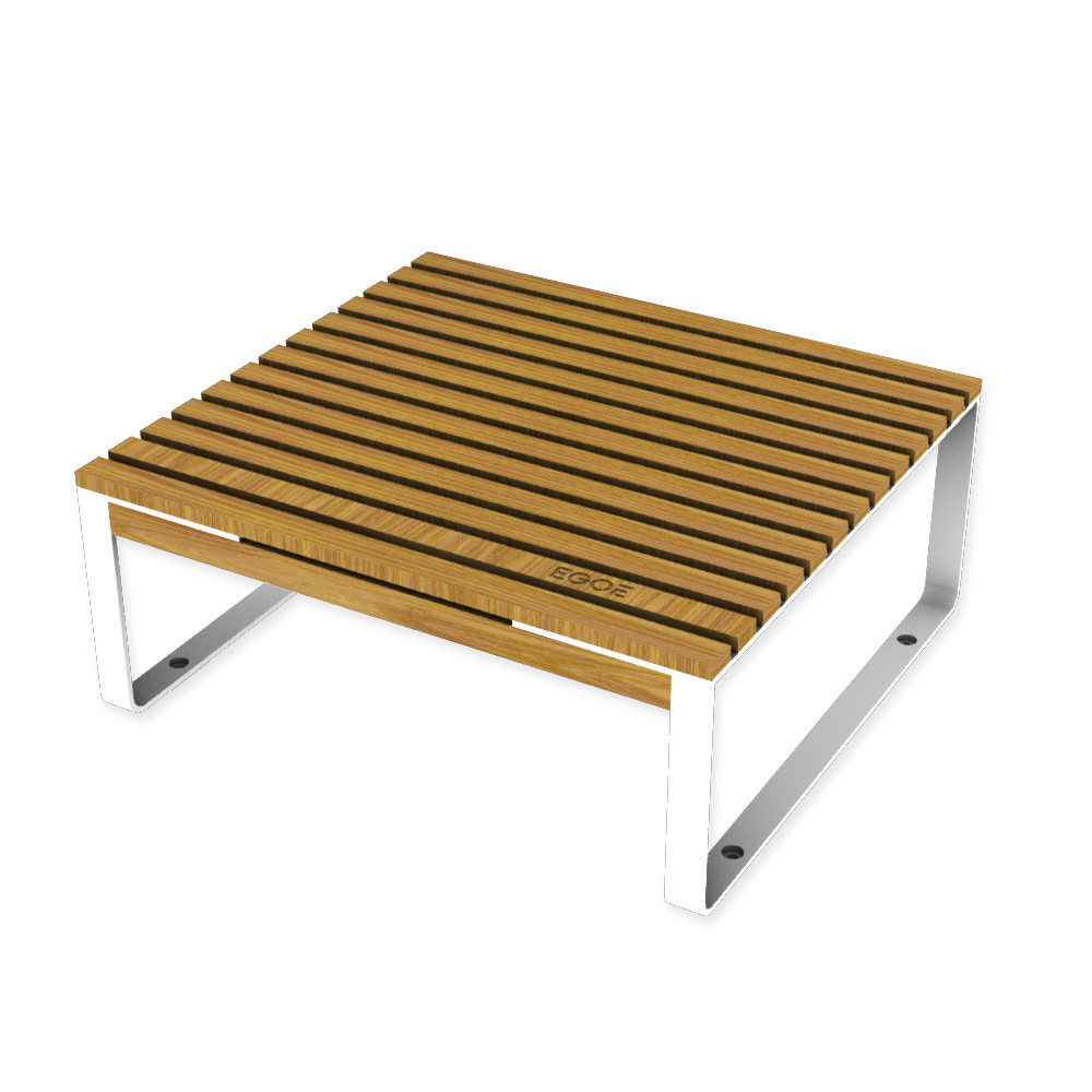 Die Abb. zeigt den EGOÉ Outdoor Lounge-Tisch I1 in Reinweiß (RAL 9010) mit Robinie geölt.