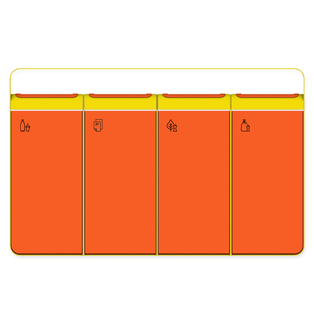 Die Abb. zeigt den EGOÉ Recycling Abfallbehälter I20 mit Piktogrammen, Dach - 4x45 Liter mit Piktogrammen, Farbe Rahmen Rapsgelb (RAL 1021) und Farbe Korpus Hellrotorange (RAL 2008).