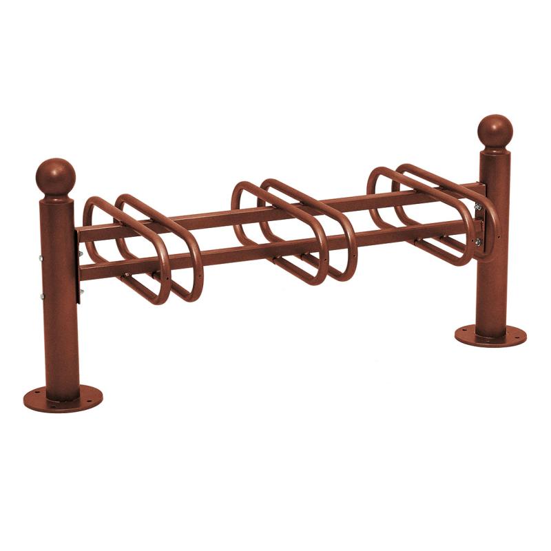 Die Abb. zeigt den Fahrradständer Province mit Kugelkopf, 3 doppelseitigen Stellplätzen in Rost-Corten-Effekt.