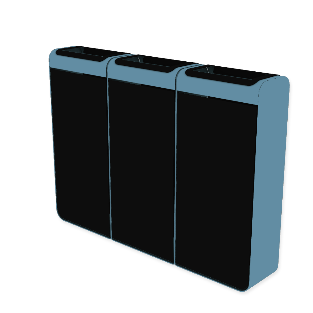 Die Abb. zeigt den EGOÉ Recycling Abfallbehälter I20 - 3x45 Liter mit Farbe Rahmen Pastellblau (RAL 5024) und Farbe Korpus Tiefschwarz (RAL 9005).
