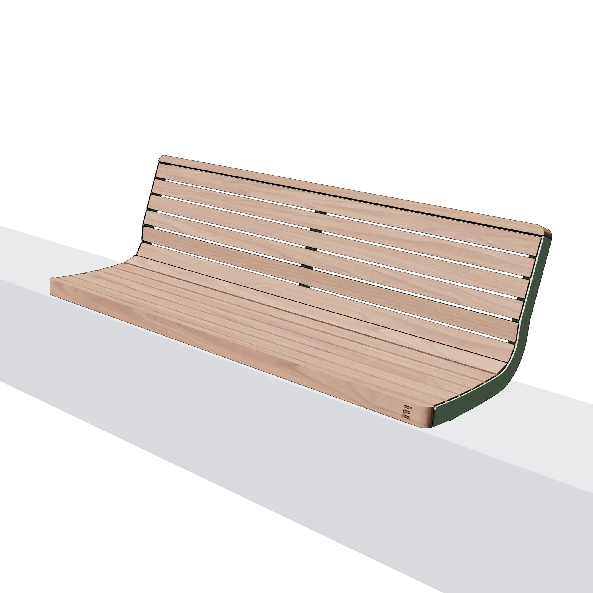 Die Abb. zeigt die EGOÉ Bank I1 für Sockelmontage mit Rückenlehne, Holz aus Robinie Natur und Gestell in Weißgrün (RAL 6019).